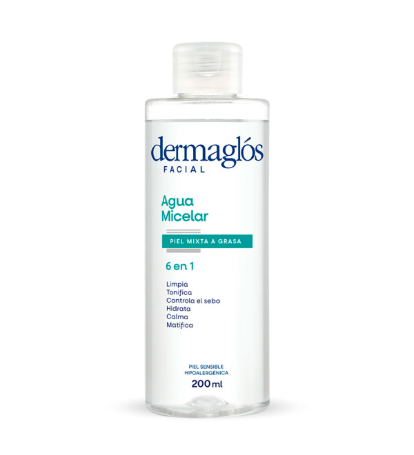 Dermaglós agua micelar su fórmula resuelve la rutina de limpieza para piel mixta a grasa x 200 ml.