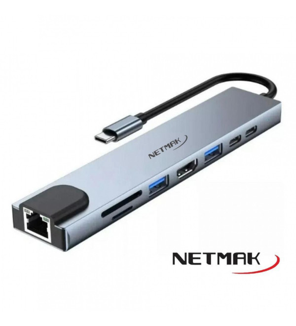 Hub Usb C A Rj45  Hdmi  2 Usb 3  Lector De Tarjetas  2 Usb Tipo C Netmak Nm-8en1
