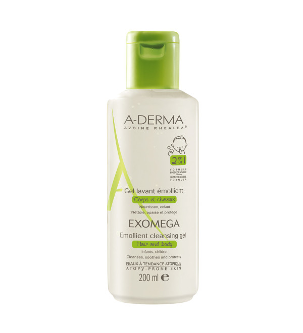 Aderma de exomega control gel 2 en 1 de limpieza emoliente para pieles secas y atópicas x 200 ml.