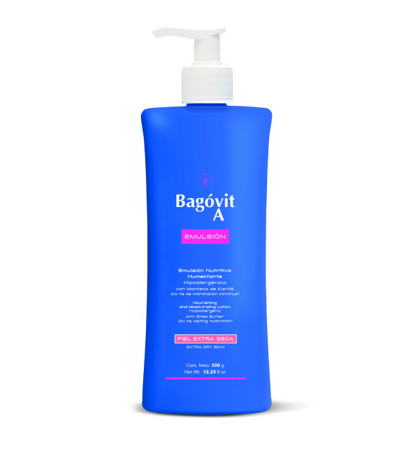 Bagovit A emulsión corporal piel extra seca, ideal para nutrir y humectar con vitamina A x 350 ml.