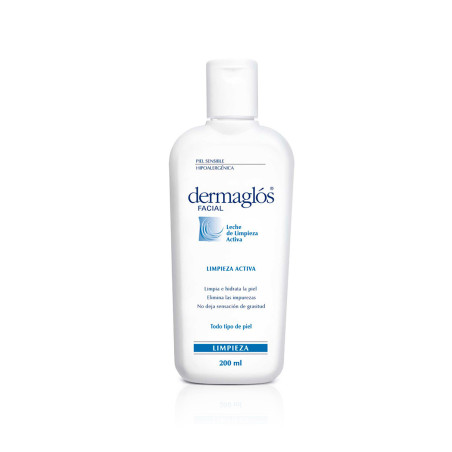 Dermaglos leche de limpieza facial, limpia e hidrata la piel, elimina las impurezas, sin sensación de grasitud x 200 ml.