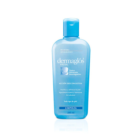 Dermaglos tónico facial hidratante sin alcohol, acción descongestiva, purifica y refresca la piel x 200 ml.