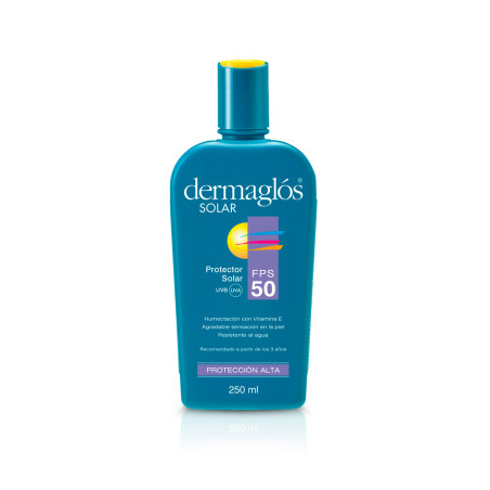 Dermaglos solar protector factor 50 emulsión, alta protección, hidrata y nutre, resistente al agua x 250 ml.