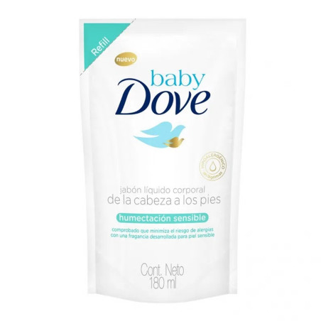 Dove baby jabón líquido humectación sensible de la cabeza a los pies, ph balanceado, envase repuesto x 180 ml.