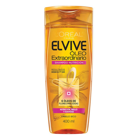 Elvive shampoo óleo nutritivo extraordinario, nutrición, brillo y suavidad para cabellos secos x 400 ml.