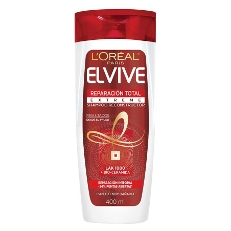 Elvive shampoo reparación total extrema con keratina, reconstruye hasta las puntas x 400 ml.