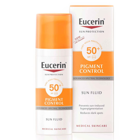 Eucerin Sun protecto solar Pigment Control factor 50+, previene el fotoenvejecimiento prematuro, reduce las manchas x 50 ml.