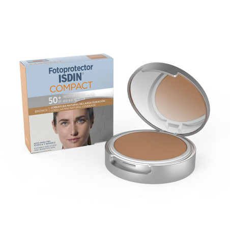 Isdin fotoprotector compacto color bronce factor 50 para rostro, protege y matifica, ideal para la piel mixta y grasa x 10 grs.