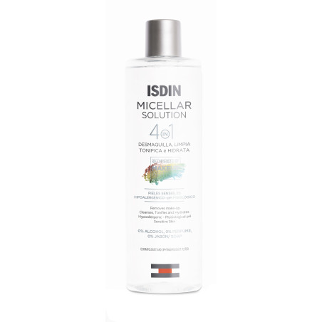Isdin solución micellar 4 en 1, desmaquilla, limpia, tonifica e hidrata x 400 ml.