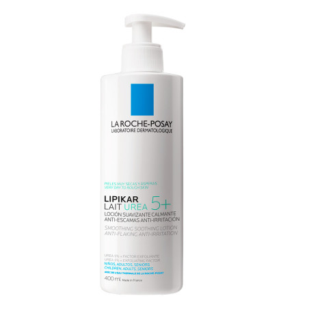 La roche posay lipikar leche urea 5%  hidrata, suaviza, refuerza la barrera cutánea y calma el malestar de la piel x 400 ml.