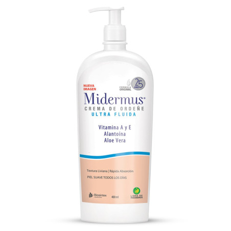 Midermus ultra fluída crema de ordeñe, de textura liviana y rápida absorción, humectación para piel seca a muy seca x 400 ml.