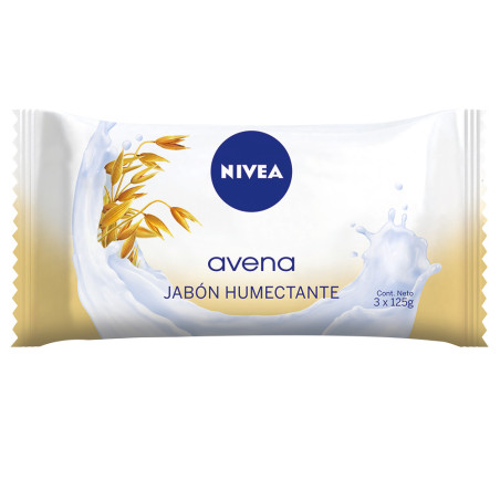 Nivea jabon humectante, posee una fórmula enriquecida con avena que limpia tu piel dejándola suave y perfumada 2 x125gr.
