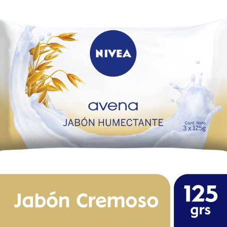 Nivea jabon humectante, posee una fórmula enriquecida con avena que limpia tu piel dejándola suave y perfumada 2 x125gr.