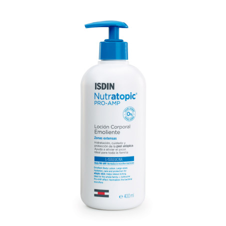 Isdin nutratopic pro amp loción hidratante emoliente textura más ligera, alivia el picor, restaura la barrera cutánea  x 200 ml