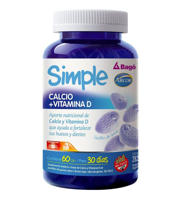 Simple calcio + vitamina d sabor frutos rojos, fortalece huesos, dientes y ayuda a prevenir la osteoporosis x 60 unidades.